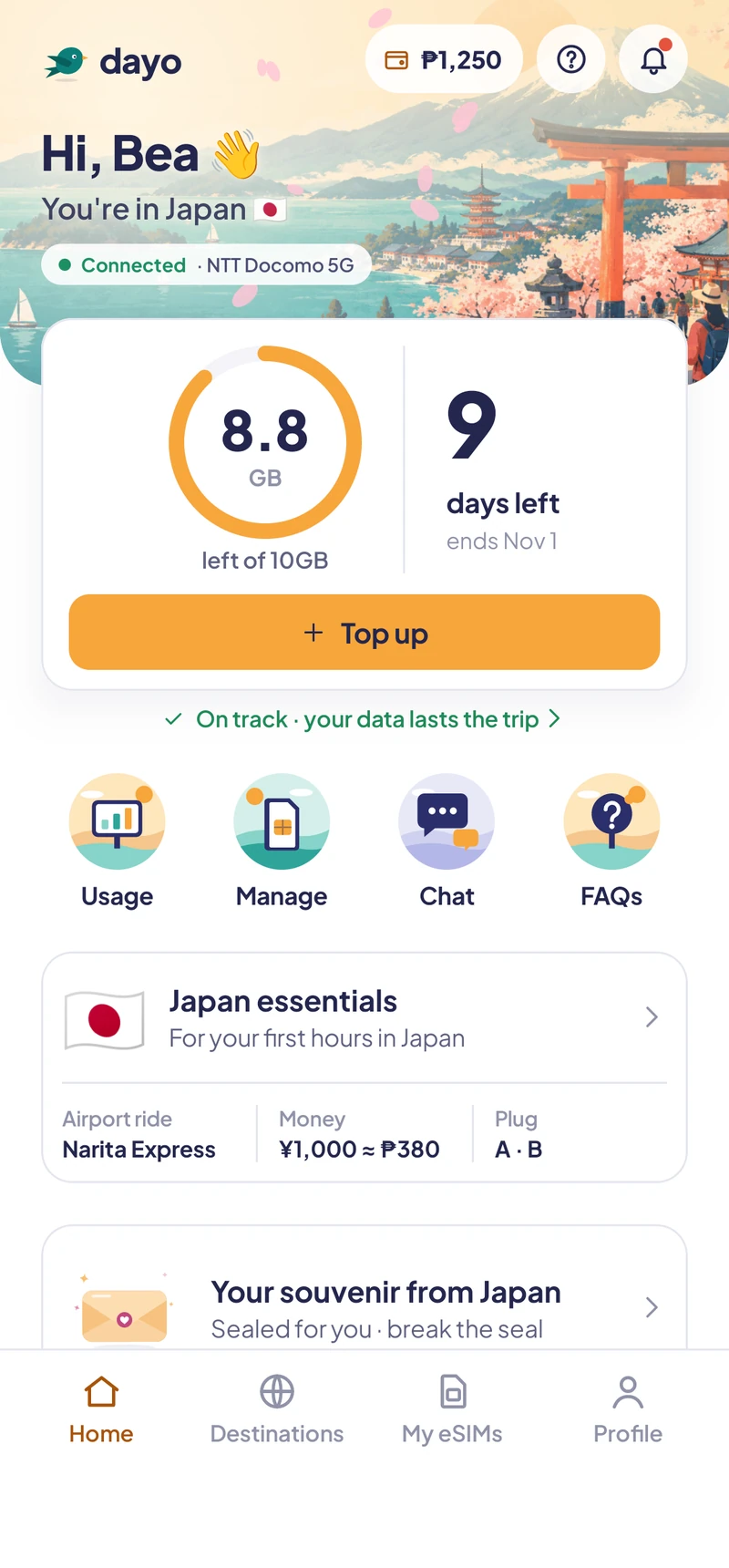 The Dayo app on arrival: connected in Japan, with data and days left
