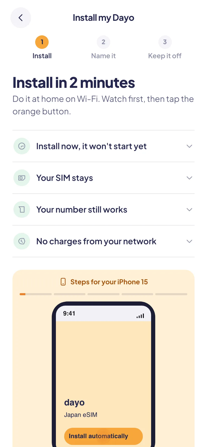 What your traveler sees: Dayo's step-by-step eSIM install